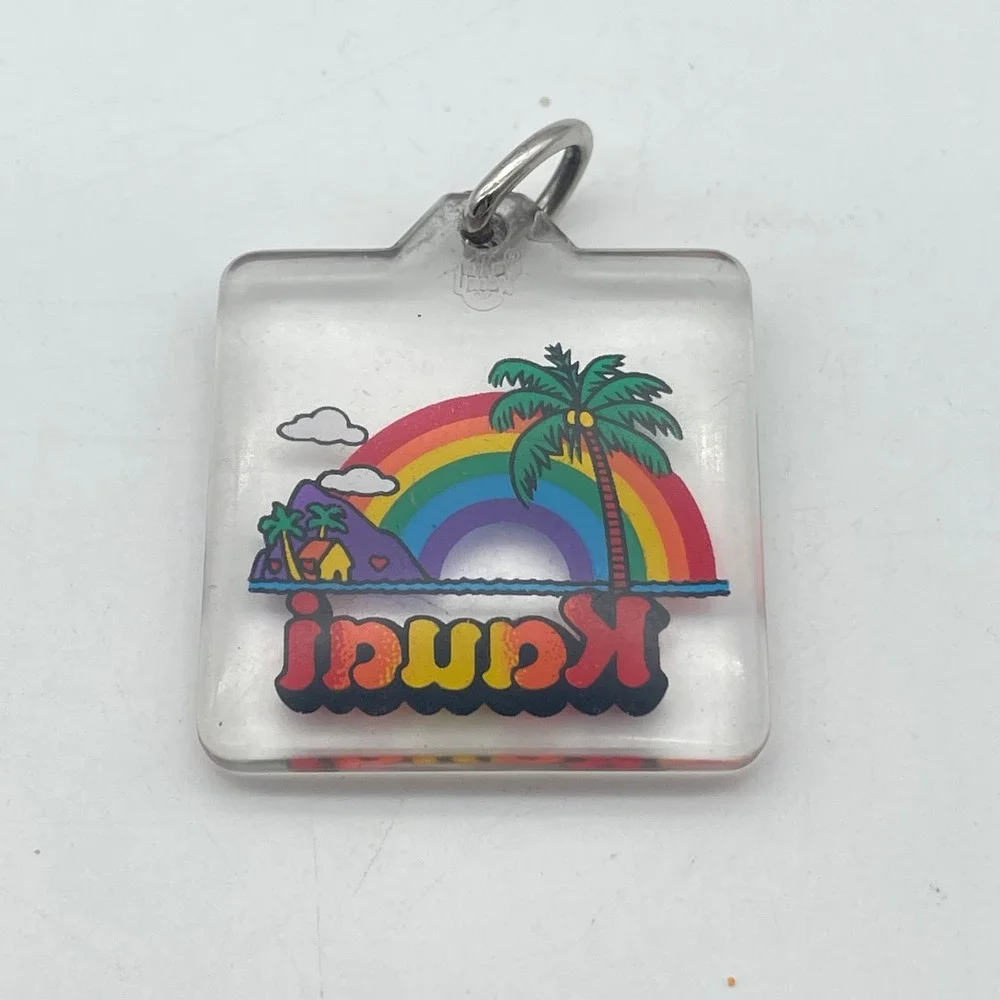 Vintage Kauai Hawaii Rainbow Palm Tree Clear Acrylic Keychain Charm Souvenir